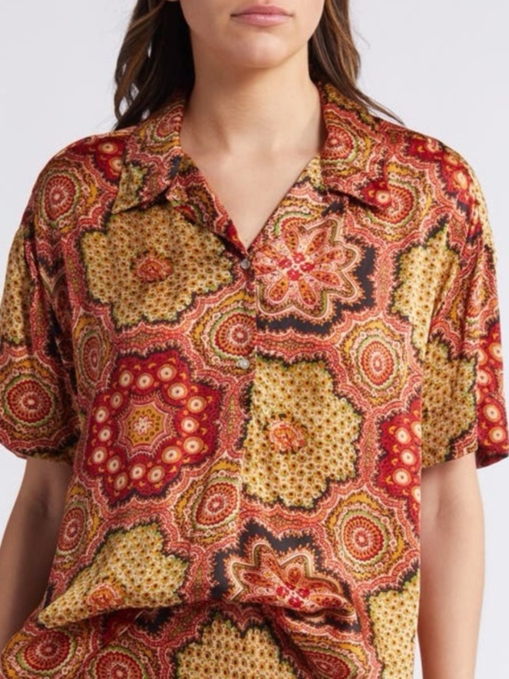 THE GREAT. The Richmond Medallion Print Camp Short Sleeve Button Up Shirt Blouse